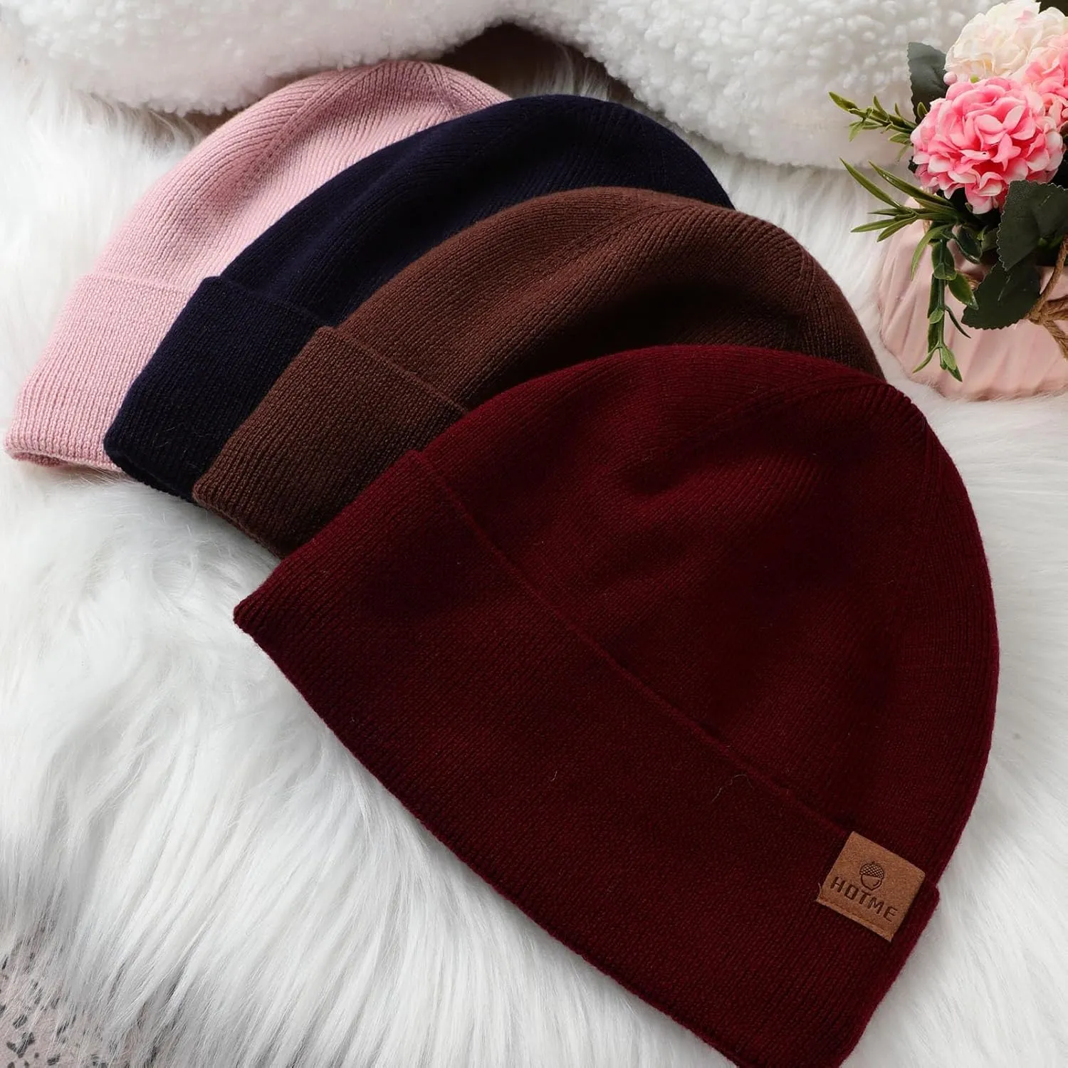 100% Merino Wool Beanie Hat for Women, Fleece Lined Pure Wool Ribbed Knit Warm Winter Cuffed Cap