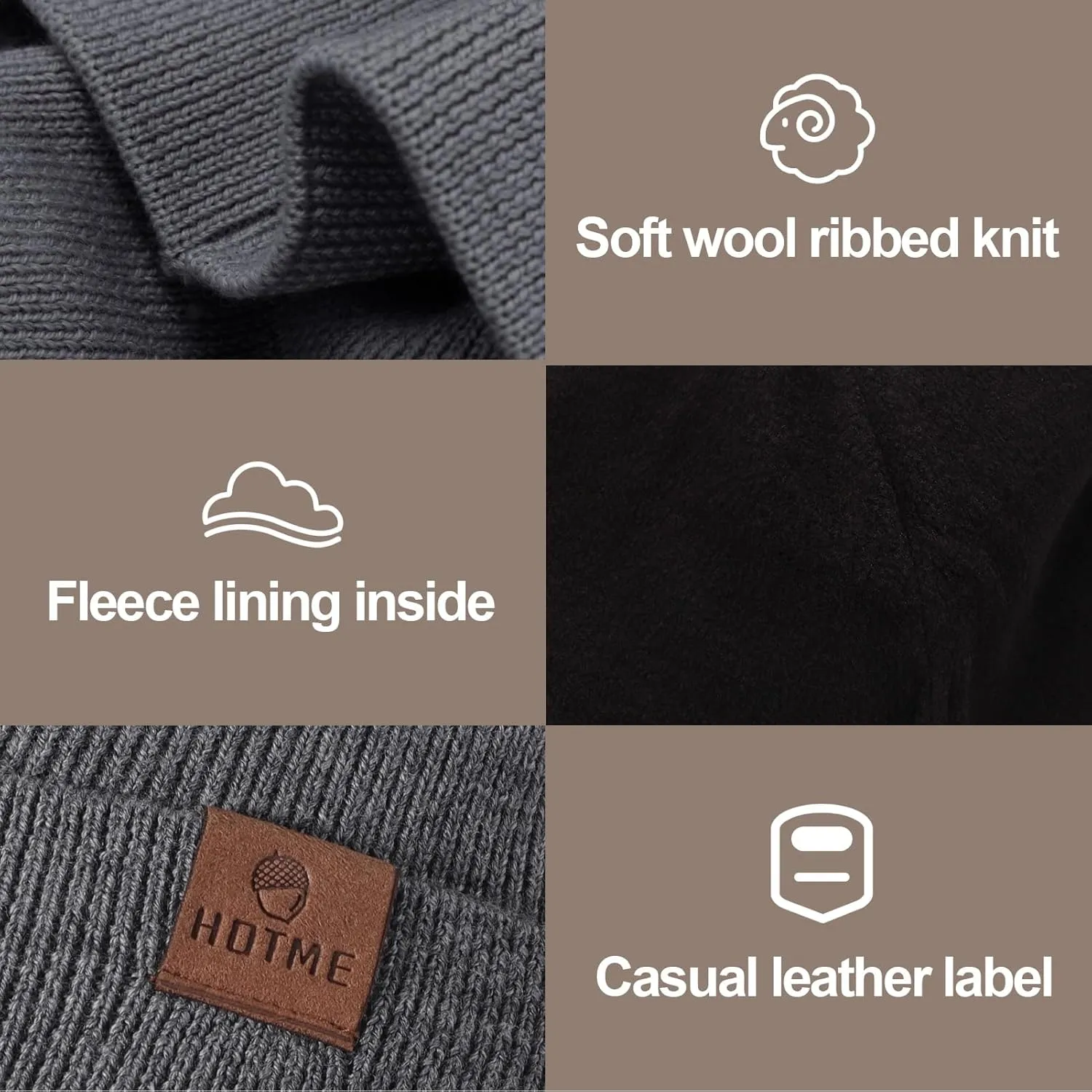 100% Merino Wool Beanie Hat for Women, Fleece Lined Pure Wool Ribbed Knit Warm Winter Cuffed Cap