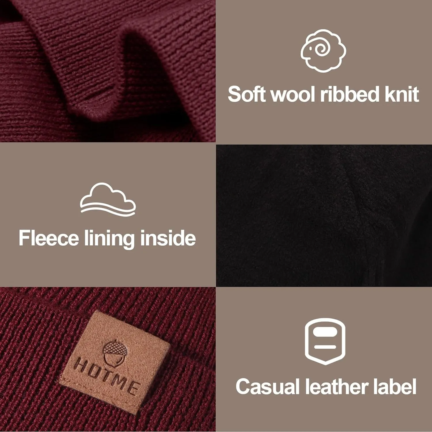 100% Merino Wool Beanie Hat for Women, Fleece Lined Pure Wool Ribbed Knit Warm Winter Cuffed Cap