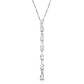 18ct White Gold Baguette & Round Brilliant Cut Diamond Long Bar Design Drop Pendant