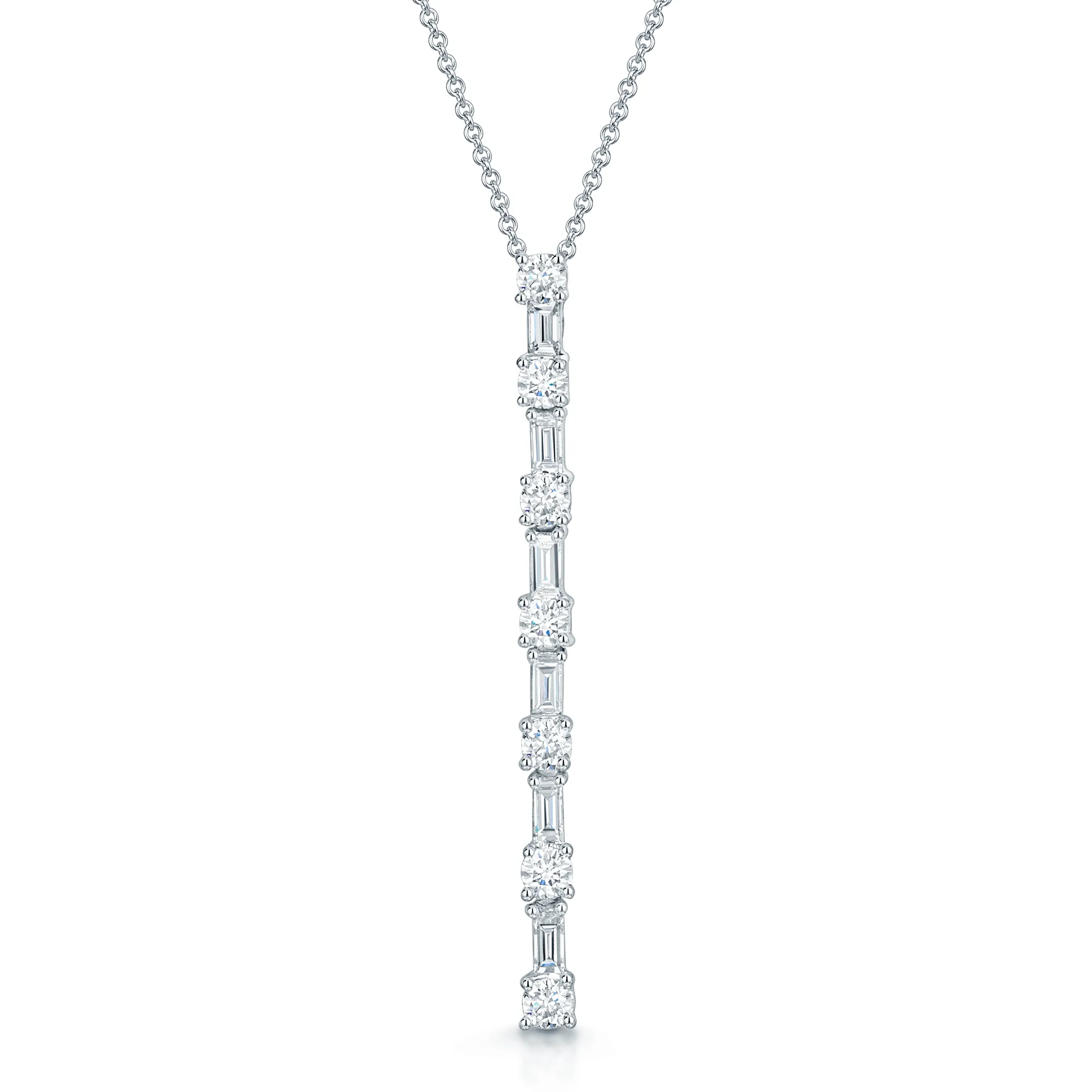 18ct White Gold Baguette & Round Brilliant Cut Diamond Long Bar Design Drop Pendant