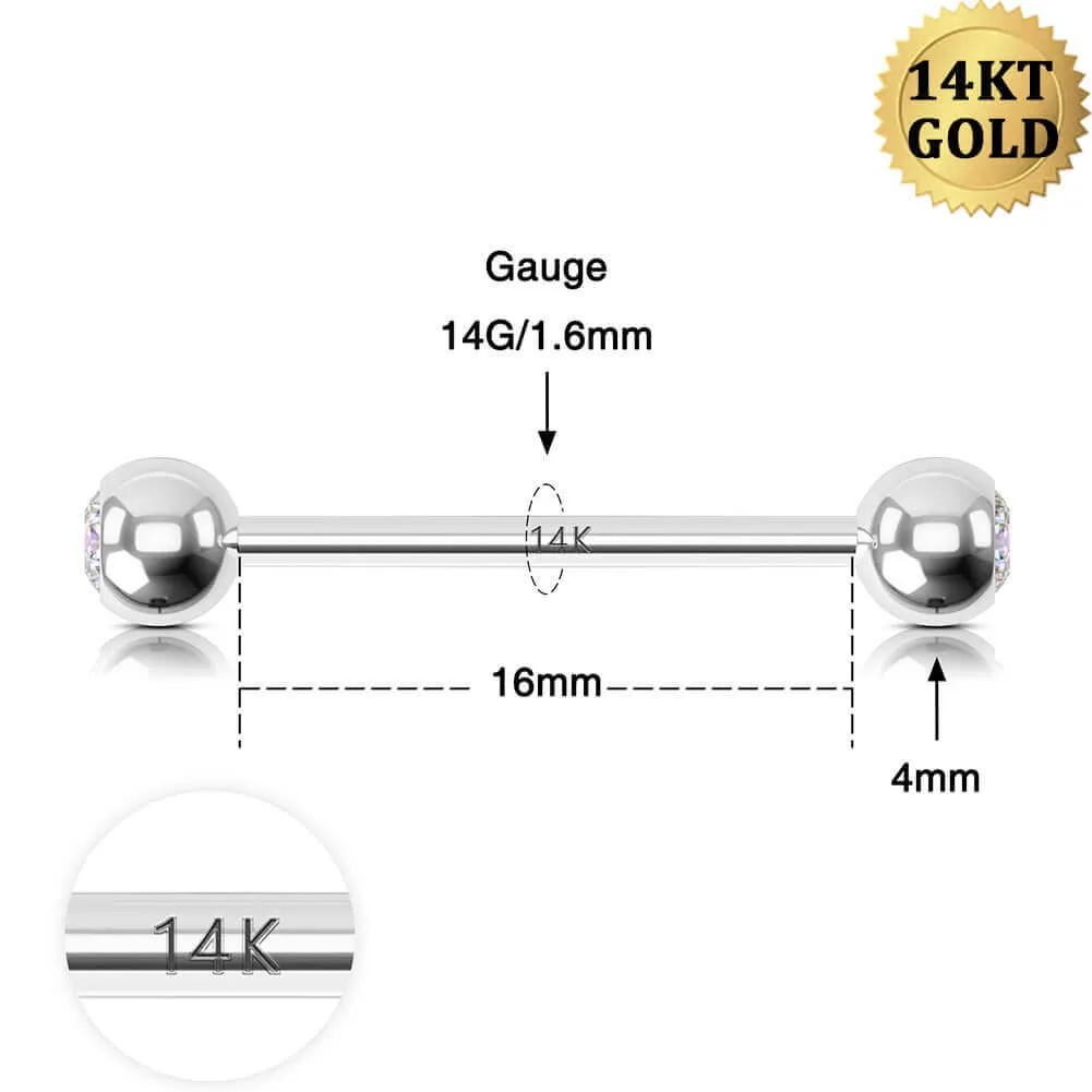 2Pcs 14K White Gold Nipple Ring CZ Ball Nipple Piercing Barbell