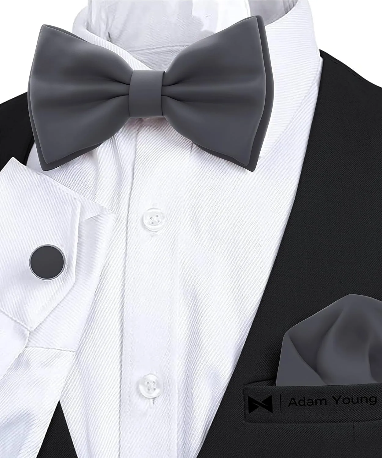 Adam Young Men's Bow Ties with Handkerchief & Cufflinks Pre-Tied Style Formal Satin Classic Bowtie for Tuxedo Faux Silk