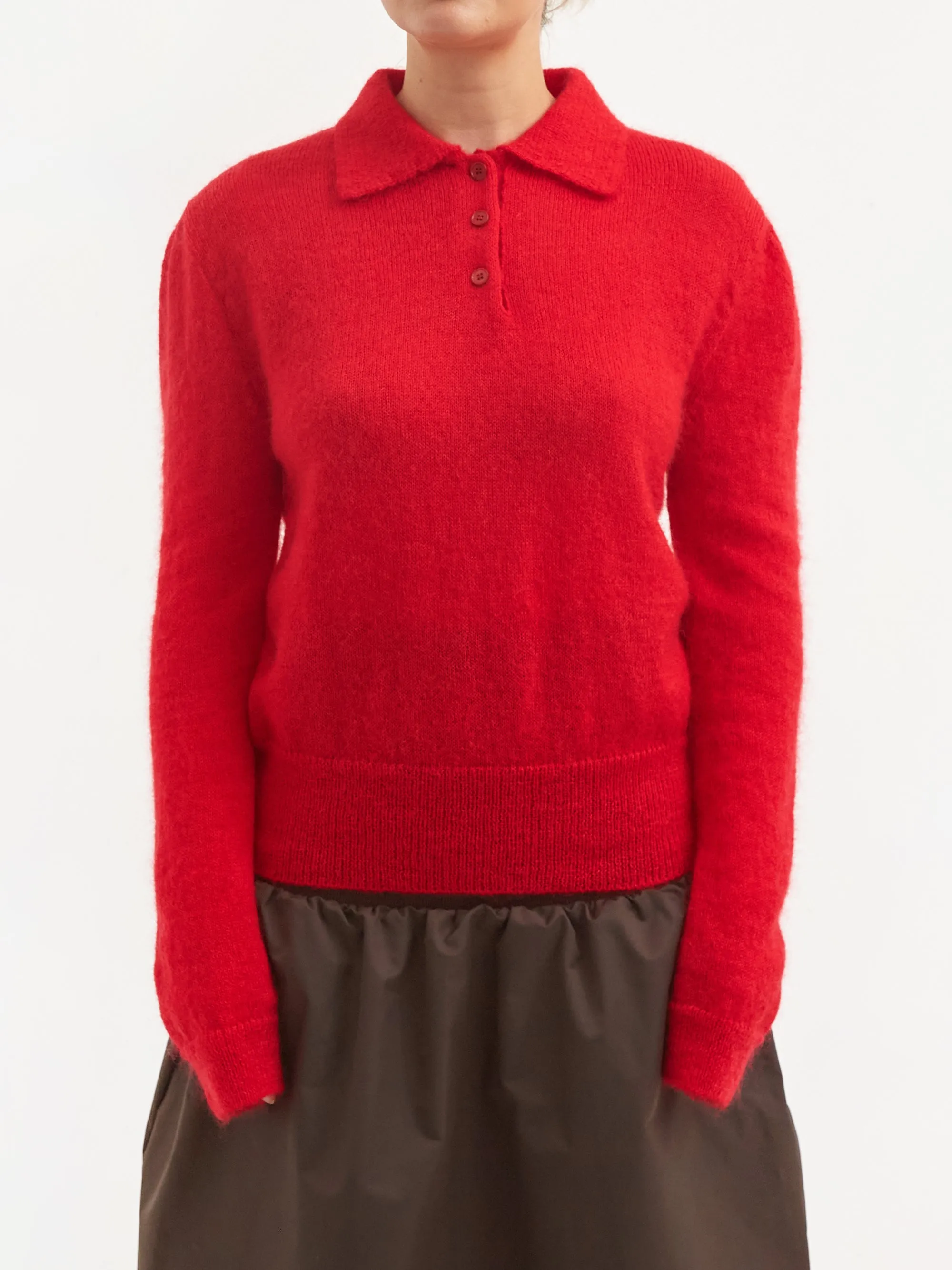 AMOMENTO Sheer Collar Knit Pullover - Red