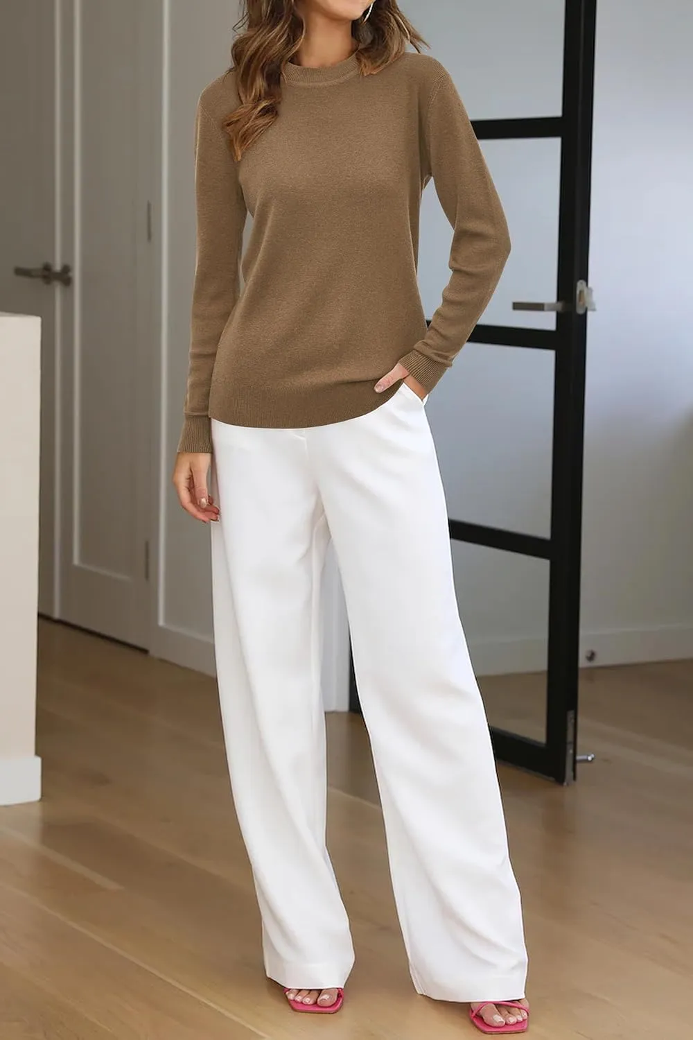 Arach&Cloz Women's Wool Blend Classic Crew Neck Casual Fall Sweaters
