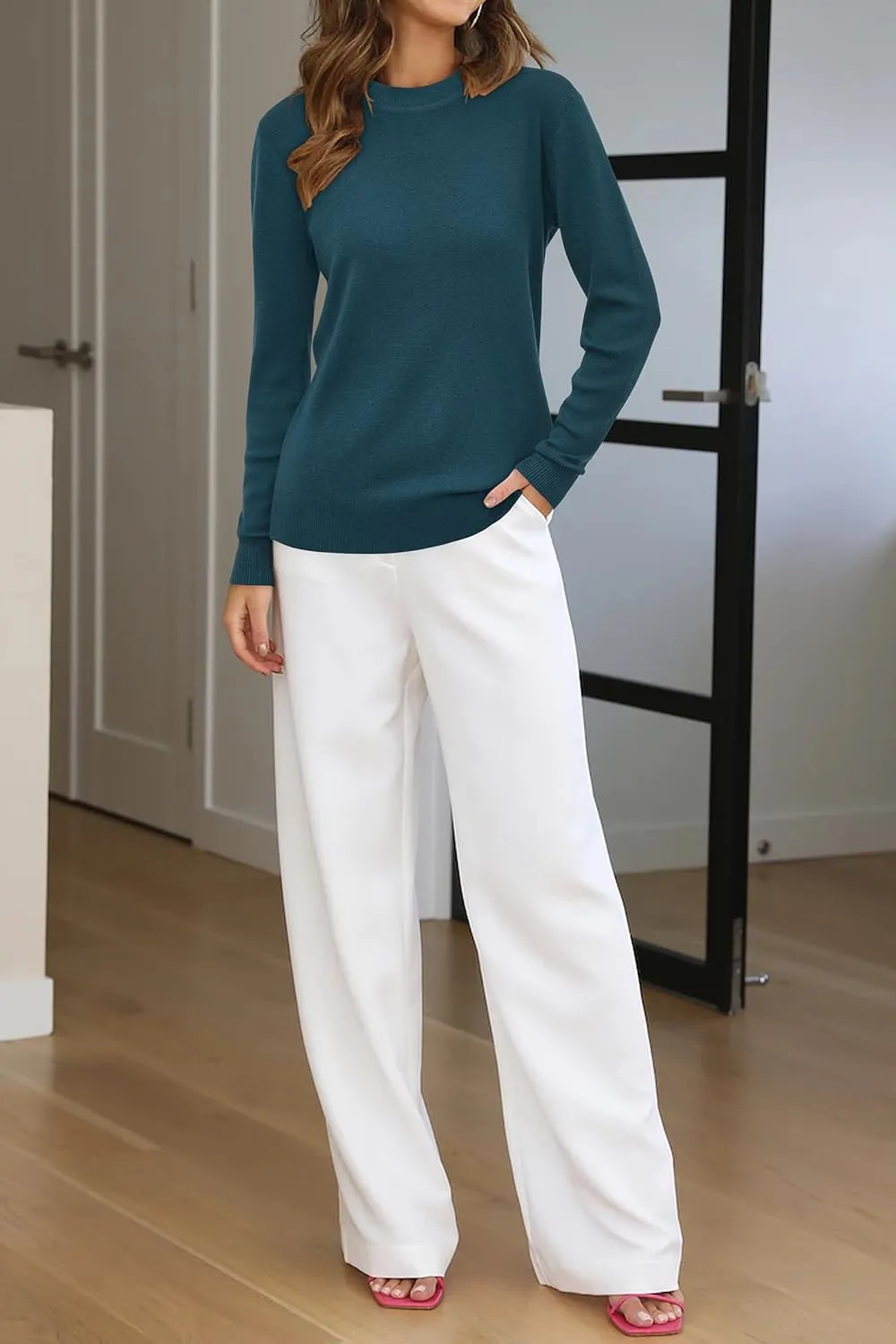 Arach&Cloz Women's Wool Blend Classic Crew Neck Casual Fall Sweaters