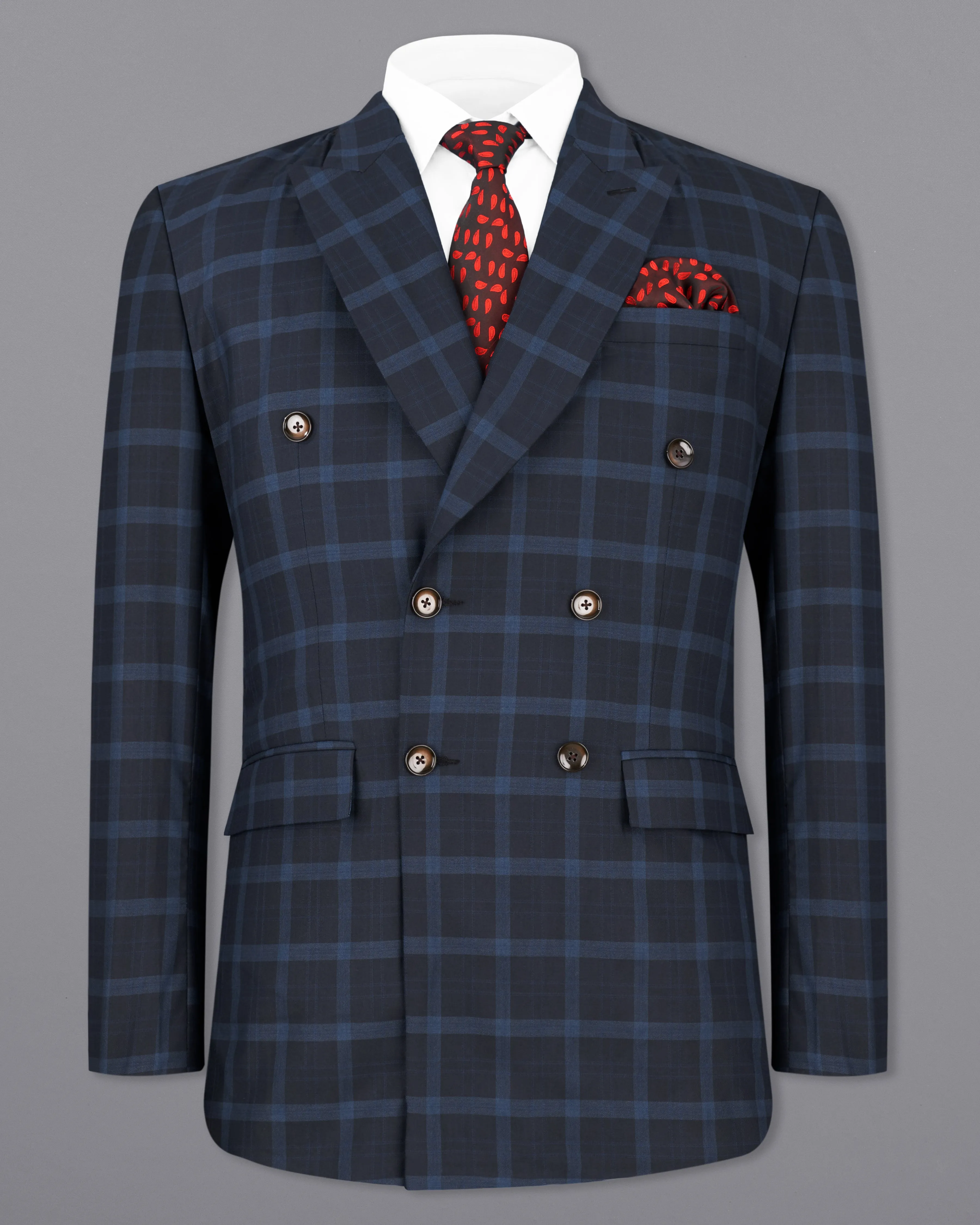 Baltic Sea Navy Blue Windowpane Double Breasted Blazer