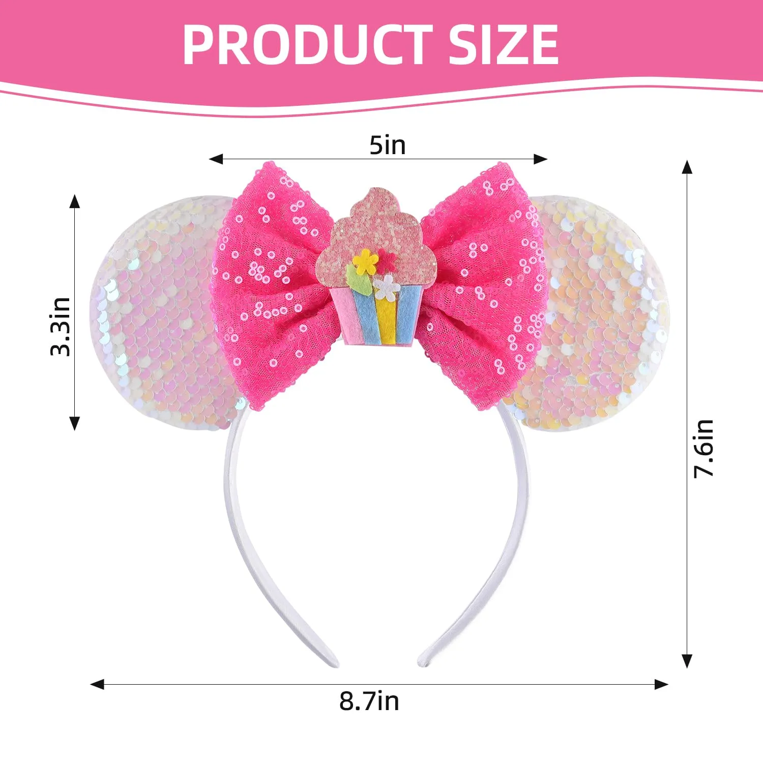 Birthday Pink Minnie Ears Headband, Sparkle Birthday Mouse Ears, Princess Headwears for Women Girls (1 Count, Pink)