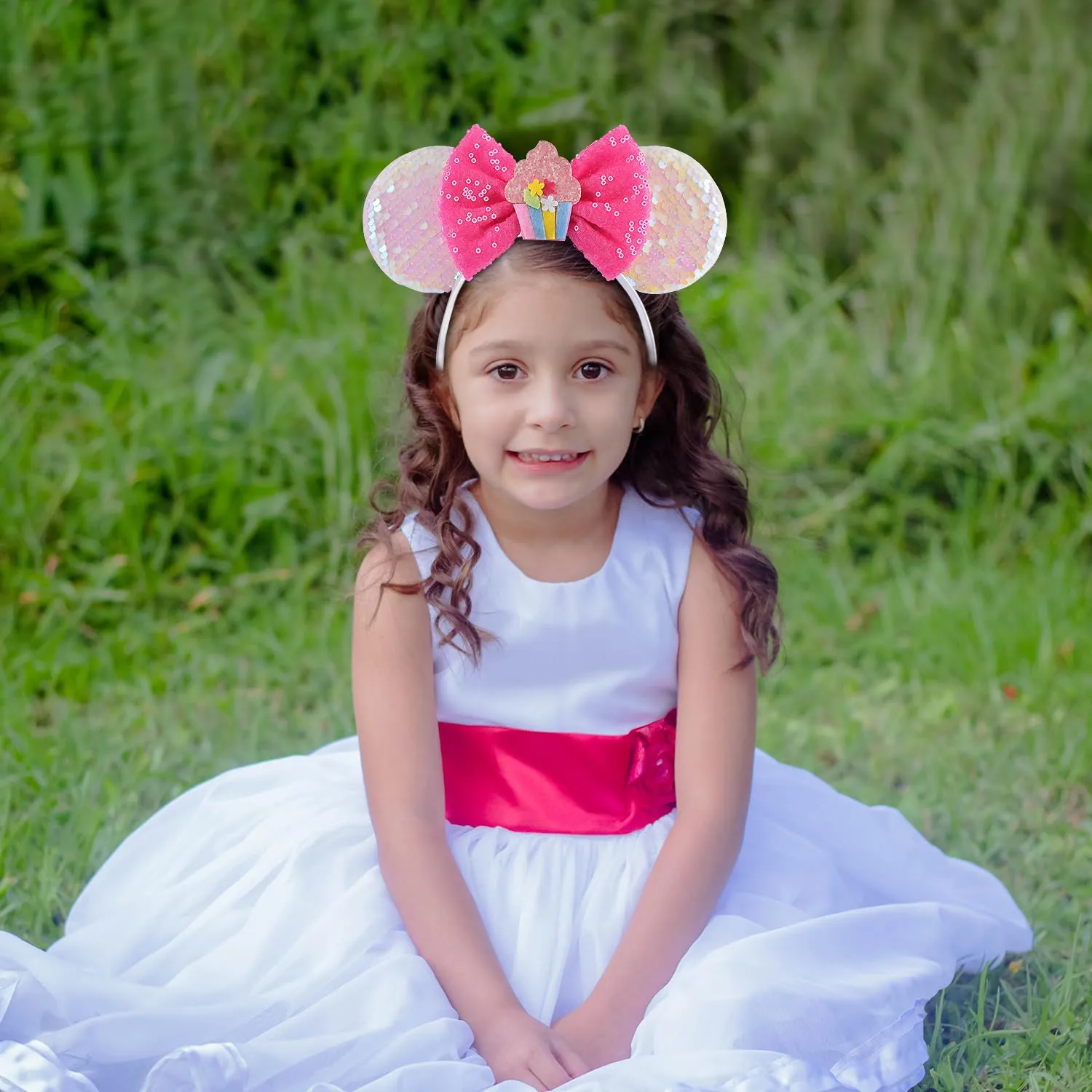 Birthday Pink Minnie Ears Headband, Sparkle Birthday Mouse Ears, Princess Headwears for Women Girls (1 Count, Pink)