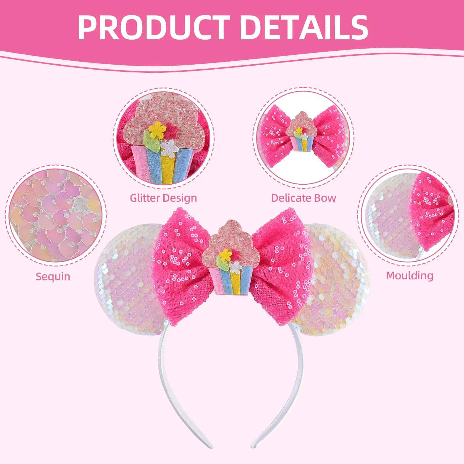 Birthday Pink Minnie Ears Headband, Sparkle Birthday Mouse Ears, Princess Headwears for Women Girls (1 Count, Pink)