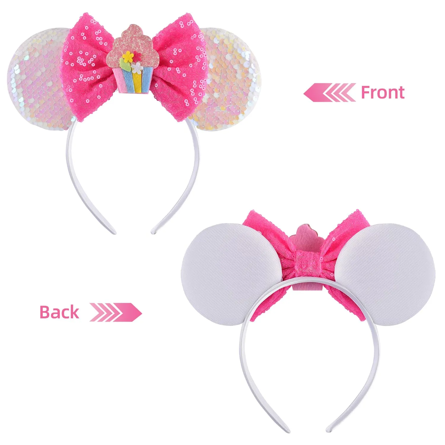 Birthday Pink Minnie Ears Headband, Sparkle Birthday Mouse Ears, Princess Headwears for Women Girls (1 Count, Pink)
