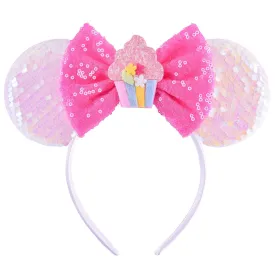 Birthday Pink Minnie Ears Headband, Sparkle Birthday Mouse Ears, Princess Headwears for Women Girls (1 Count, Pink)