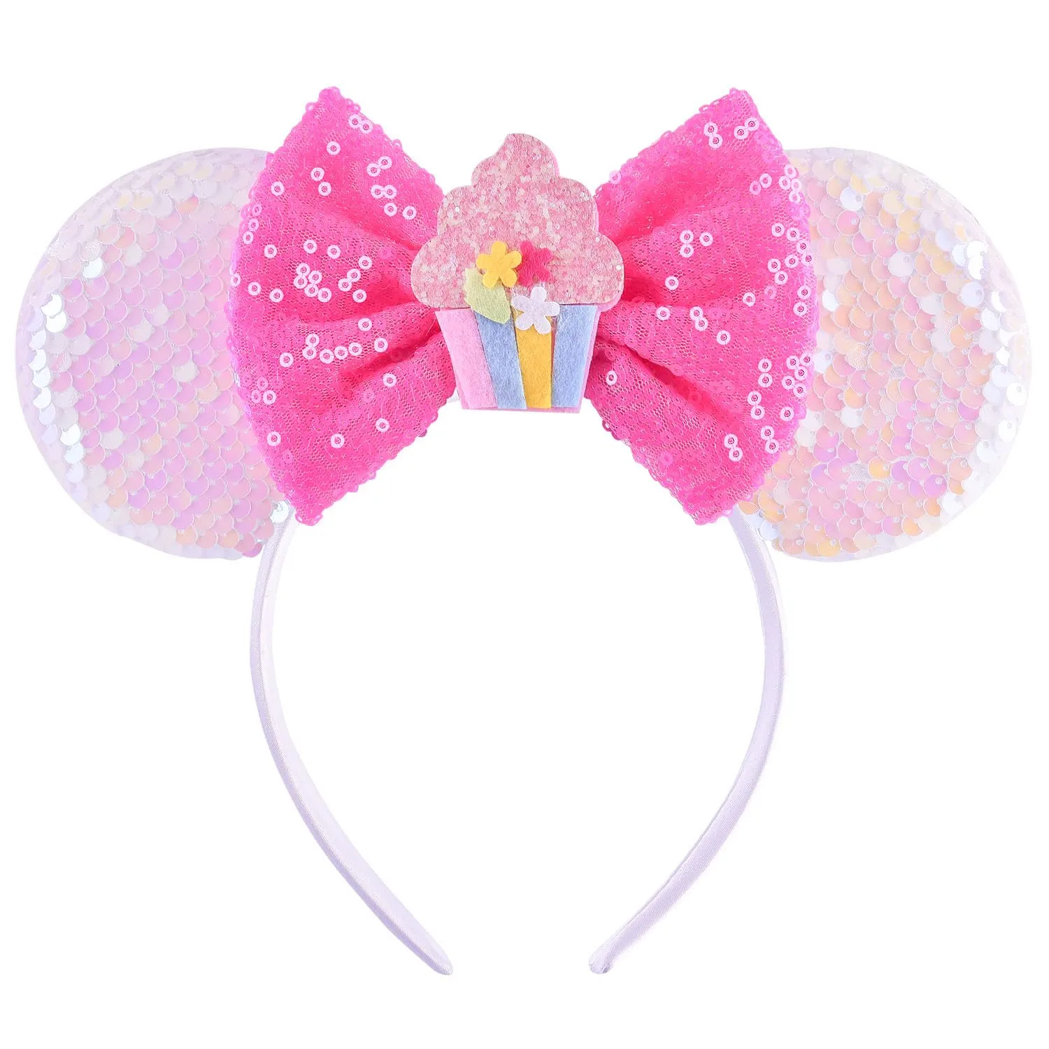 Birthday Pink Minnie Ears Headband, Sparkle Birthday Mouse Ears, Princess Headwears for Women Girls (1 Count, Pink)