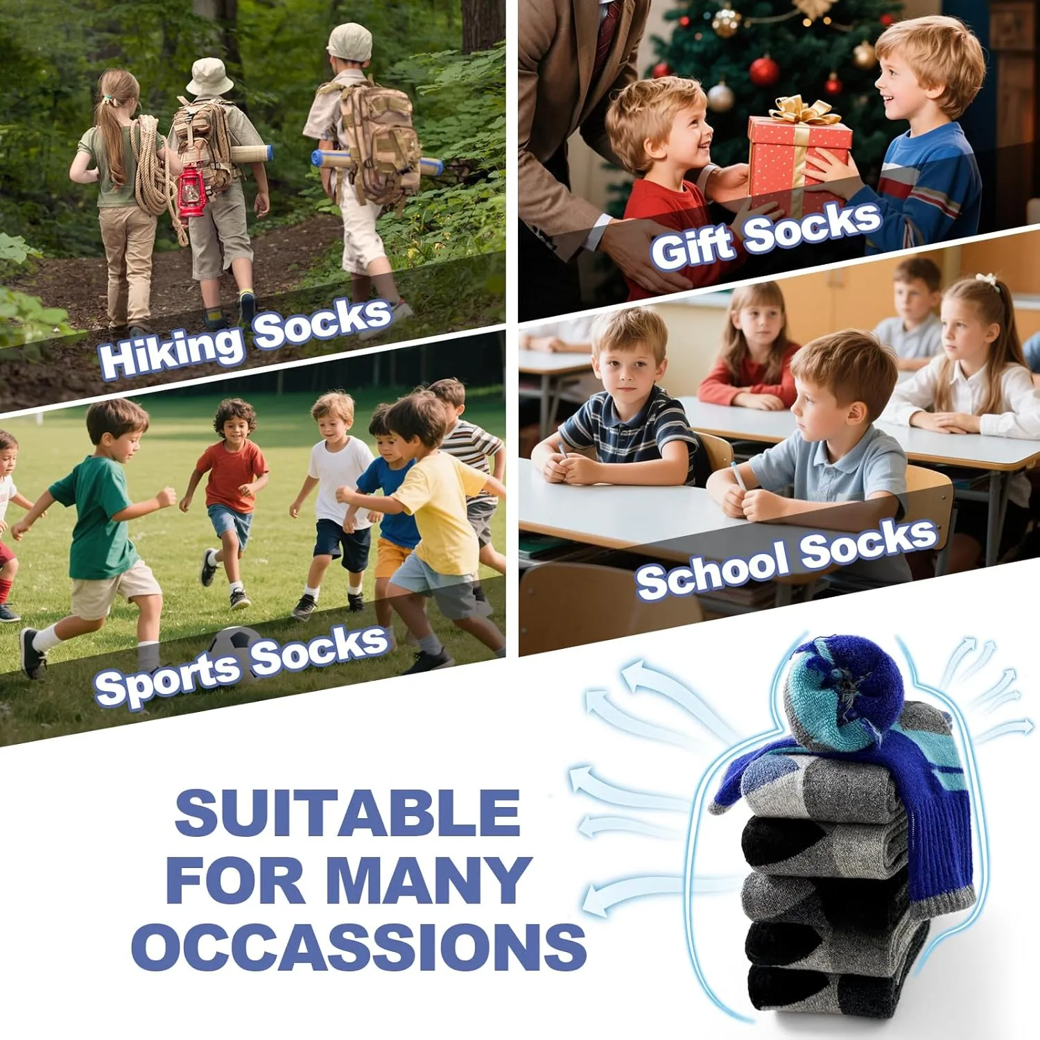 BISOUSOX Kids Wool Socks Boys Socks 10-12 Years Old Soccer Baseball Youth 6-8 Thermal Hiking Boot Crew Cushion Sock Gift