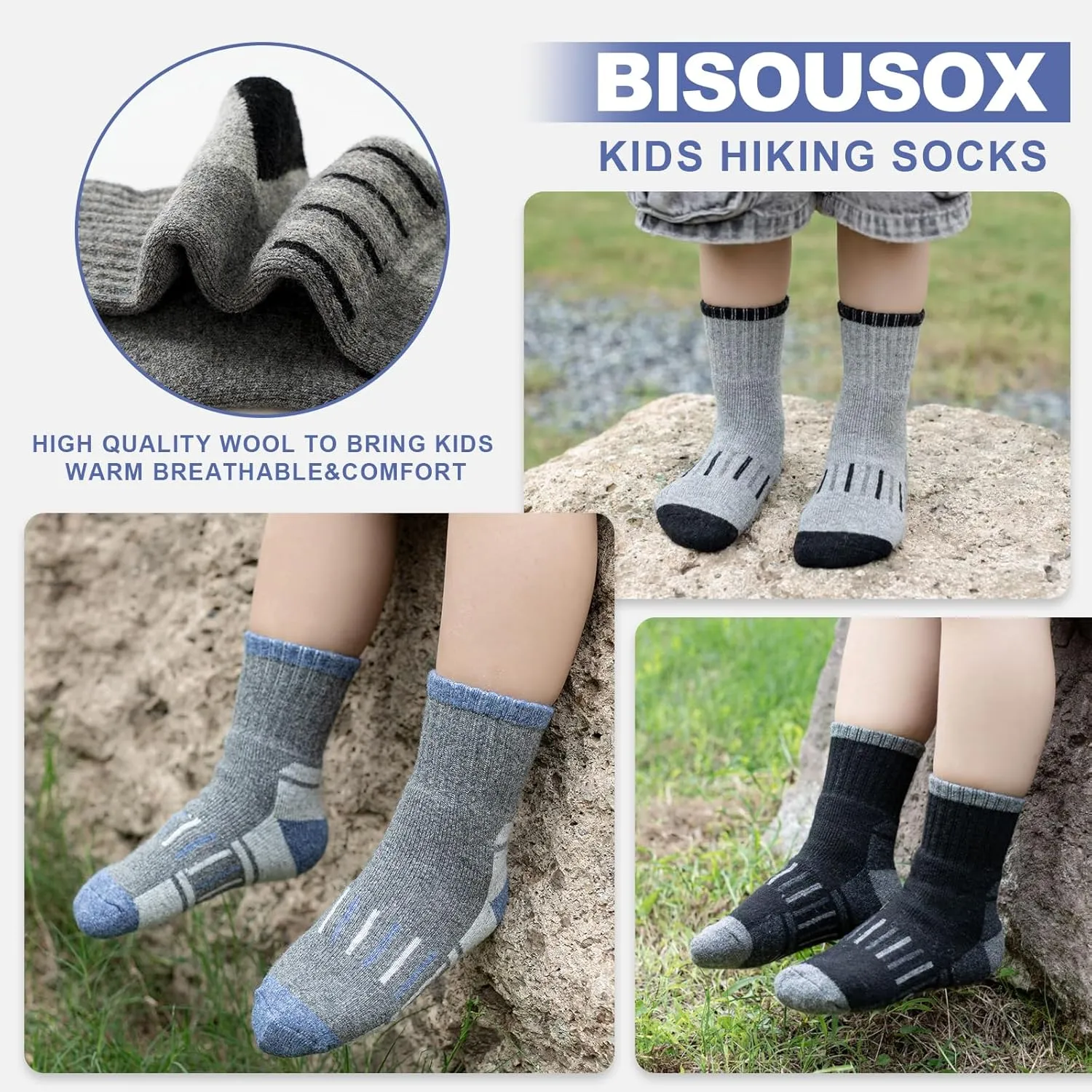 BISOUSOX Kids Wool Socks Boys Socks 10-12 Years Old Soccer Baseball Youth 6-8 Thermal Hiking Boot Crew Cushion Sock Gift