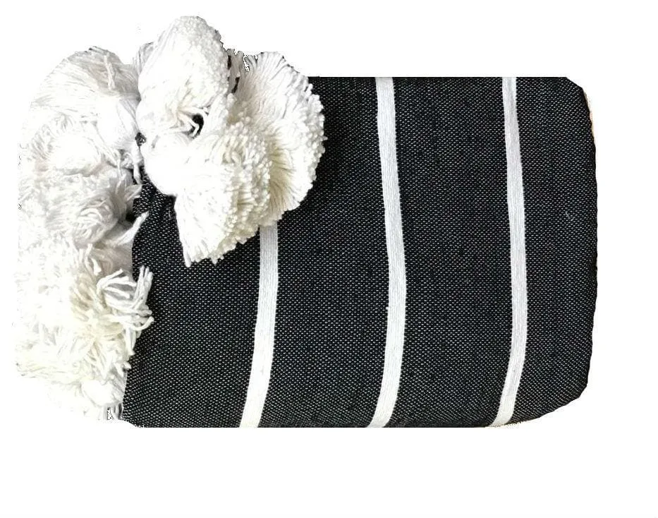Black with White Stripes Pom Pom Blanket