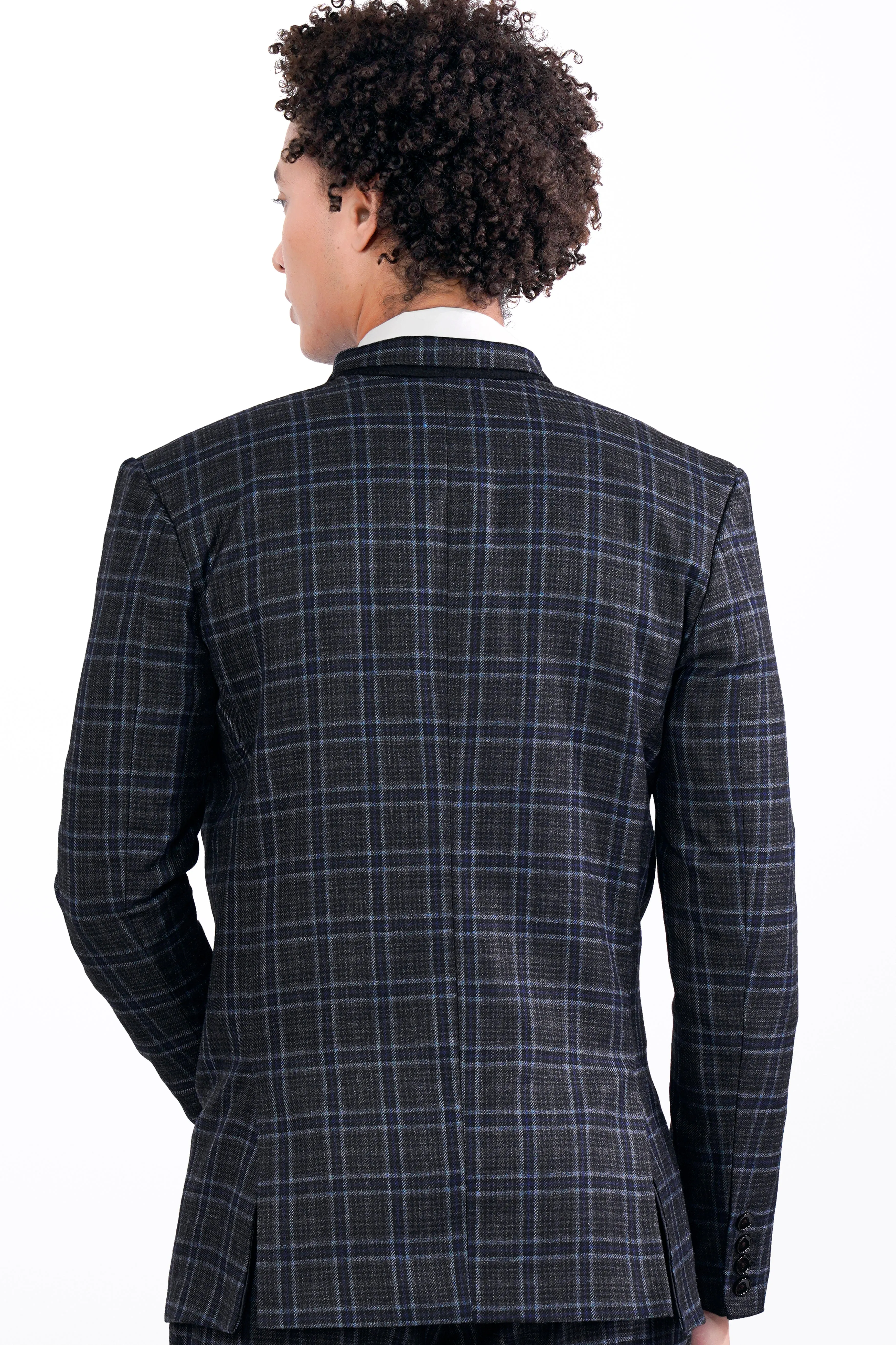 Bleached Black and Marine Blue Plaid Double Breasted Tweed Blazer
