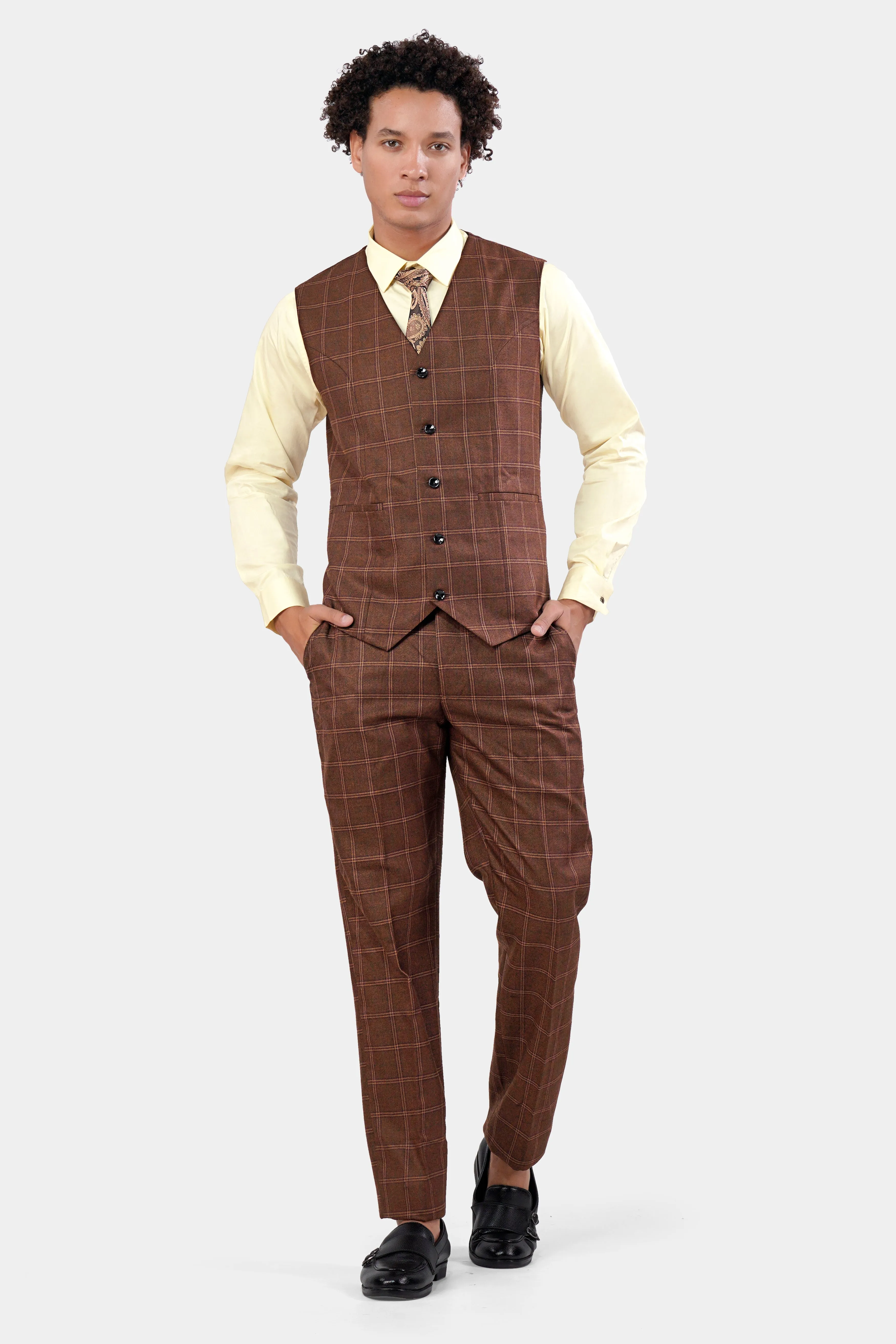 Mens Bole Brown Windowpane Check Waistcoat – Tailored Fit Smart Casual Vest