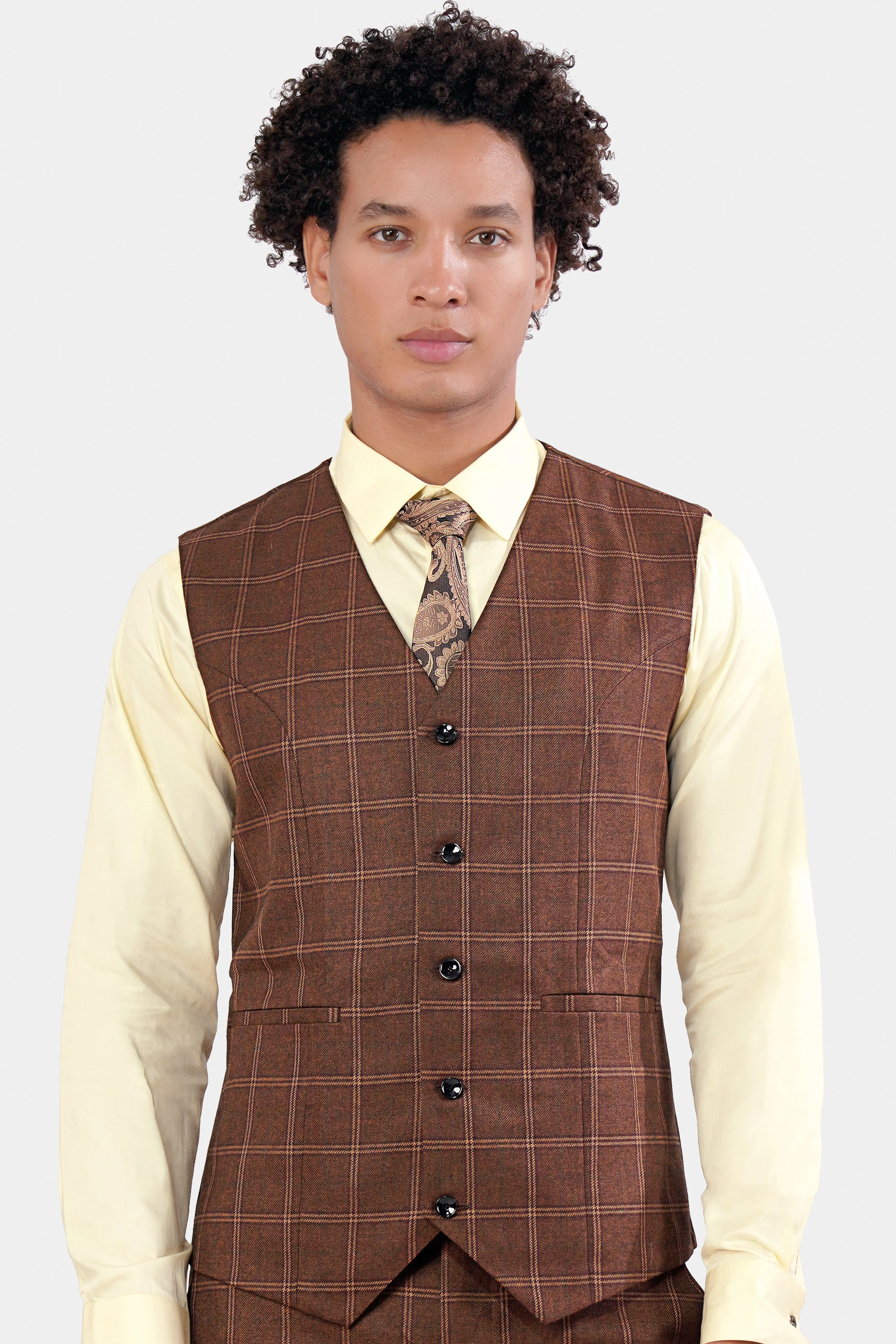 Mens Bole Brown Windowpane Check Waistcoat – Tailored Fit Smart Casual Vest