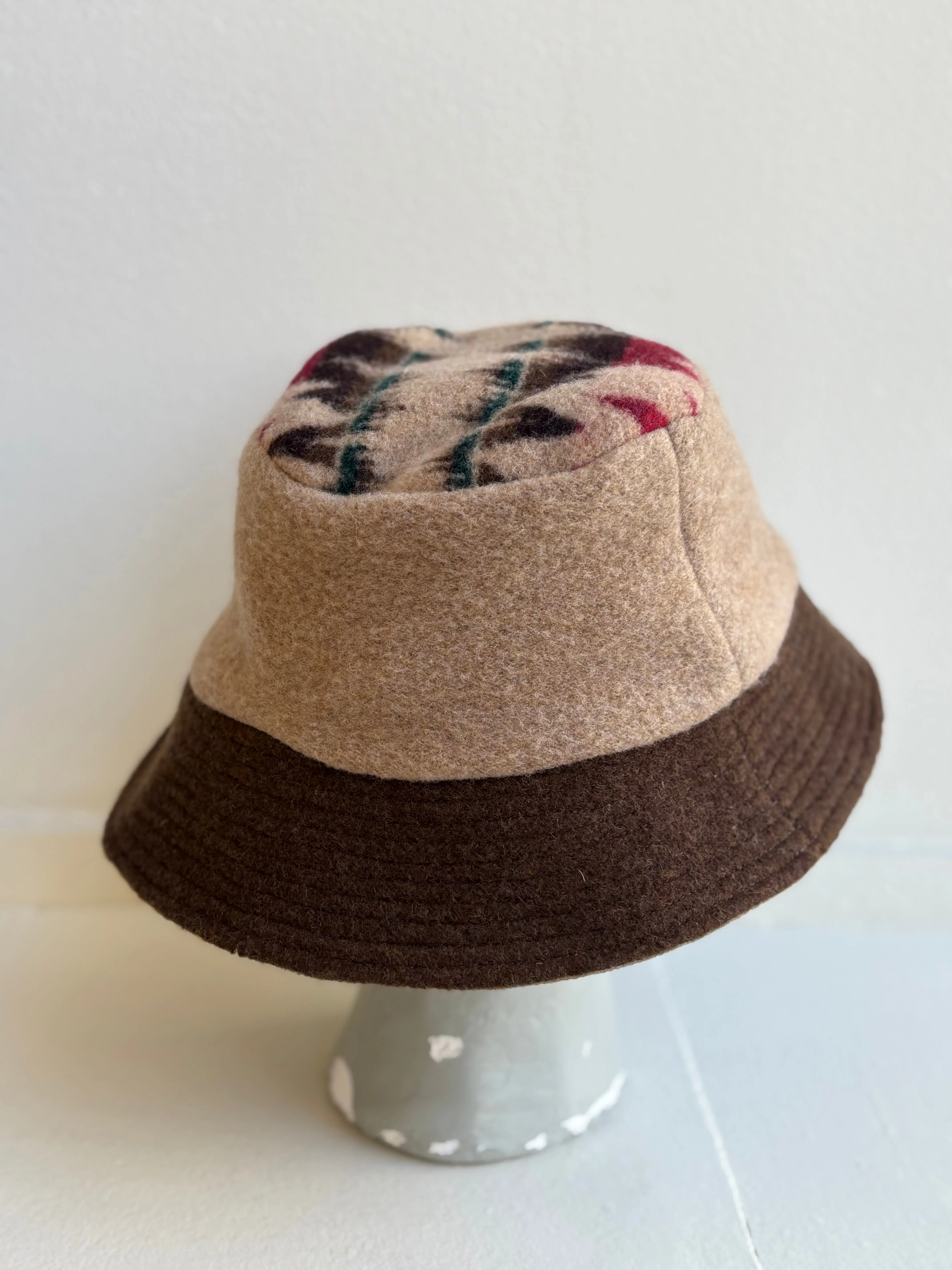 Brown & Neutral Deadstock Wool Bucket Hat w/ Green, Red, Brown, Neutral Top