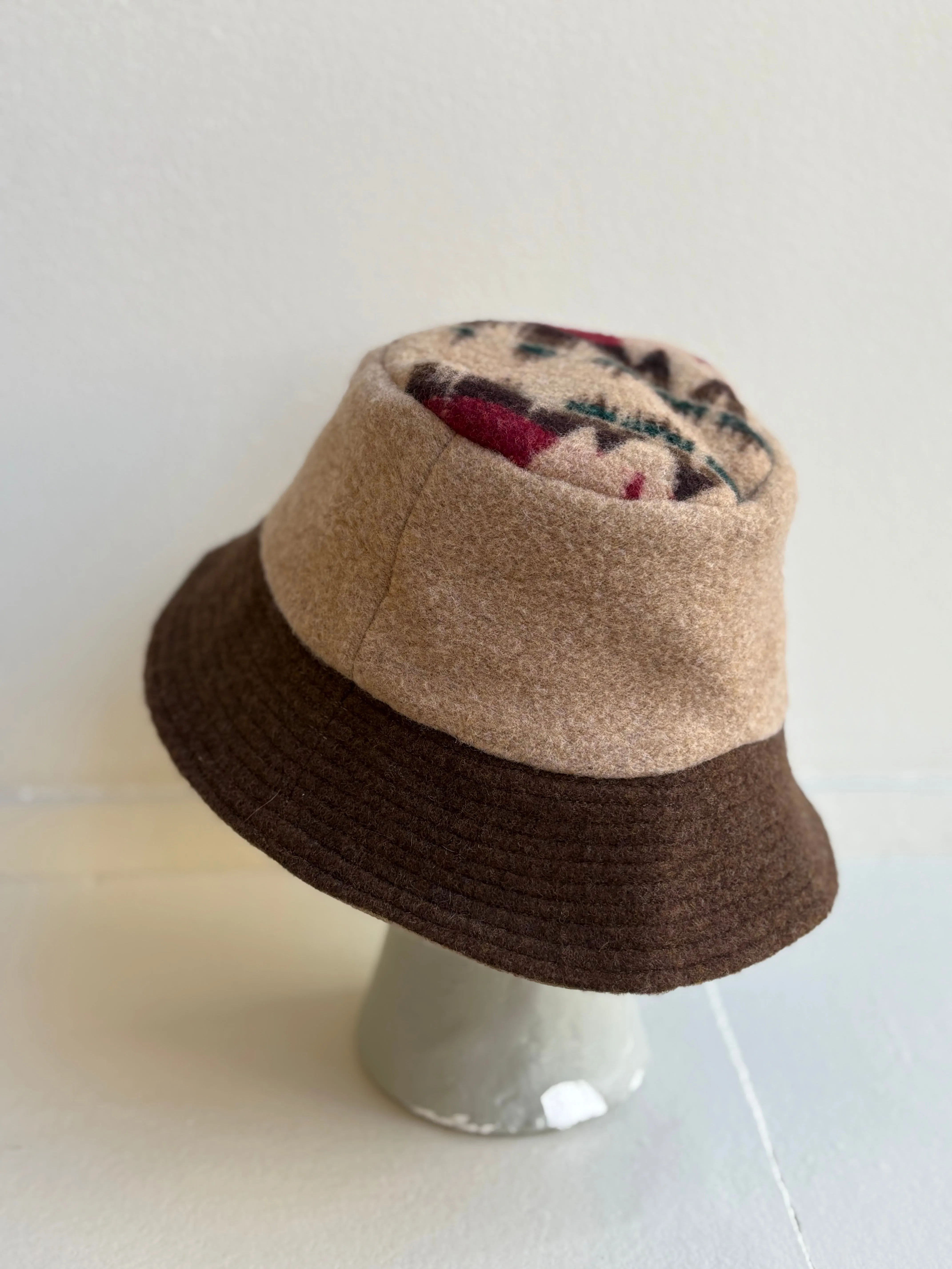 Brown & Neutral Deadstock Wool Bucket Hat w/ Green, Red, Brown, Neutral Top