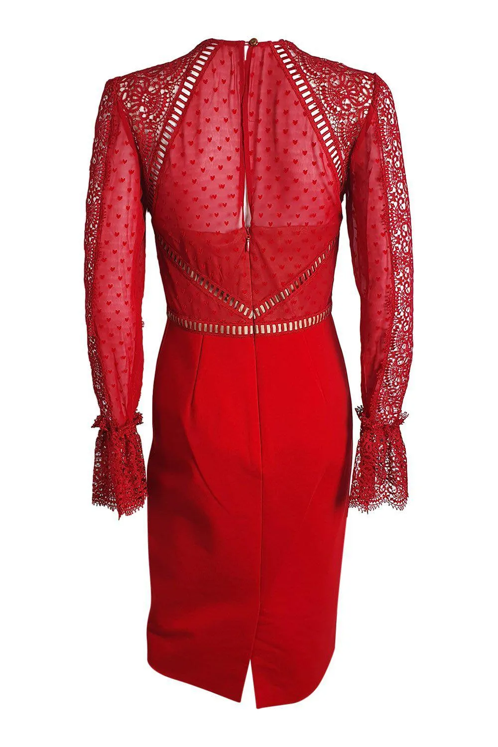 CATHERINE DEANE Nieve Macramé Lace Swiss-Dot Chiffon Lipstick Red Dress (UK 08)