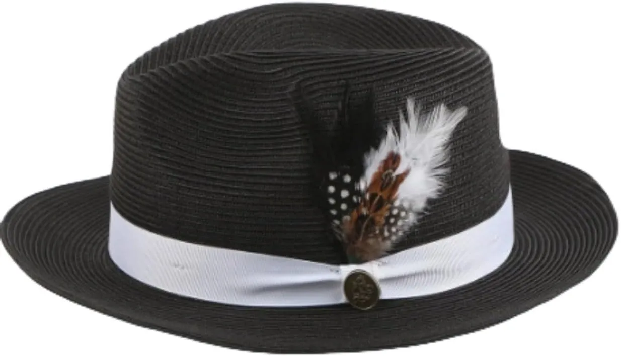 Classic Straw Fedora Hat, Brown Band with Decorative Button, Khaki
