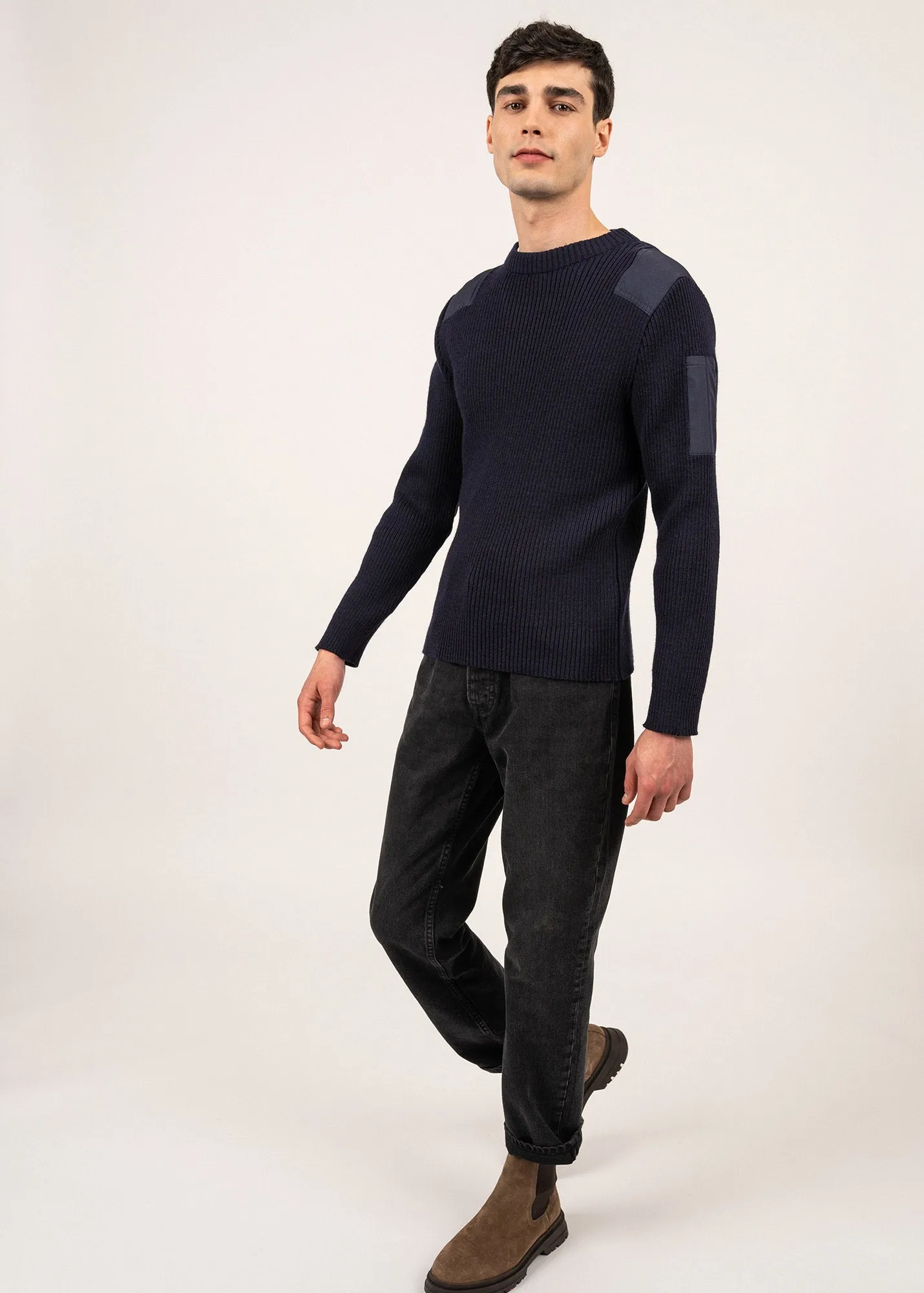 Condor military inspired jumper - in pure new wool, with canvas patches (MARINE)