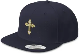 Custom Snapback Baseball Cap Gold Outline Orthodox Cross Embroidery Snaps