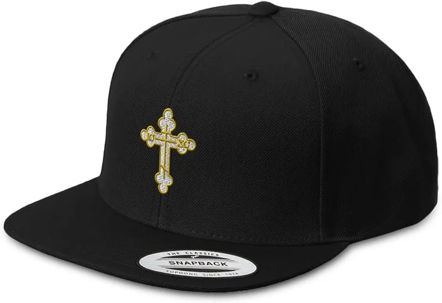 Custom Snapback Baseball Cap Gold Outline Orthodox Cross Embroidery Snaps