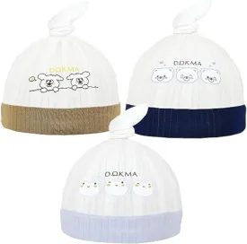 DOKMA 3 pcs Cotton Baby Newborn Hats-Stretchy and Super Soft Knotted Beanies, Cute for Infant Baby Girls Boys,0-3 Months, Off-White/Blue