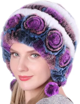 Eforcase Women Beanie Hats Winter Fluffy Knit Beanie Hats Winter Warm Ear Cover Faux Fur Knit Crochet Skull Cap with Pompom