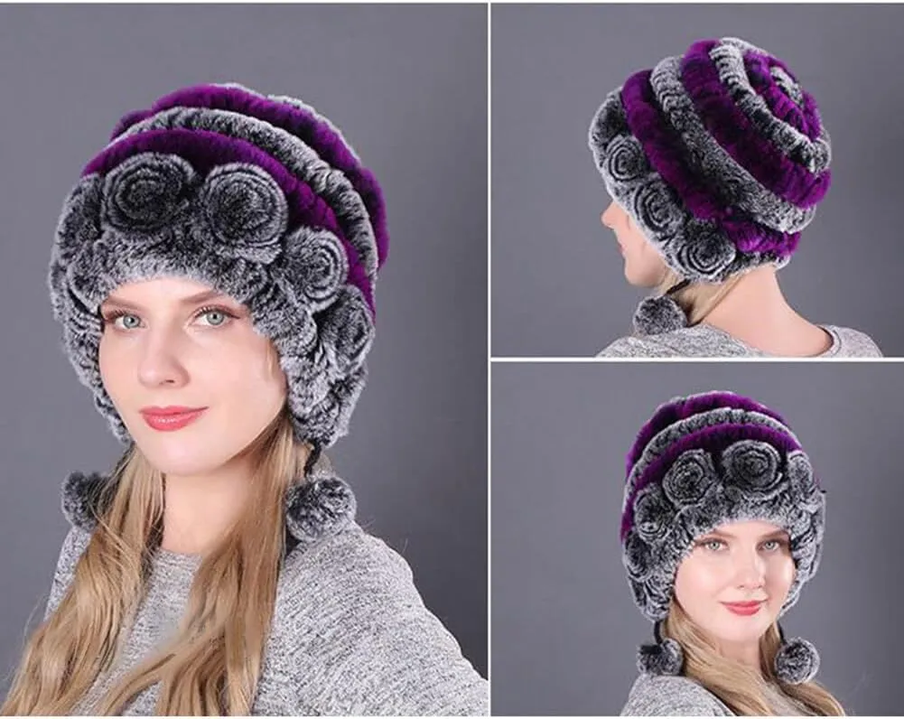Eforcase Women Beanie Hats Winter Fluffy Knit Beanie Hats Winter Warm Ear Cover Faux Fur Knit Crochet Skull Cap with Pompom