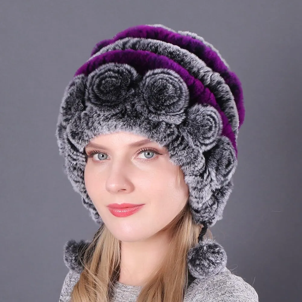 Eforcase Women Beanie Hats Winter Fluffy Knit Beanie Hats Winter Warm Ear Cover Faux Fur Knit Crochet Skull Cap with Pompom