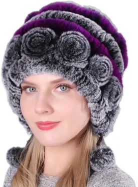 Eforcase Women Beanie Hats Winter Fluffy Knit Beanie Hats Winter Warm Ear Cover Faux Fur Knit Crochet Skull Cap with Pompom