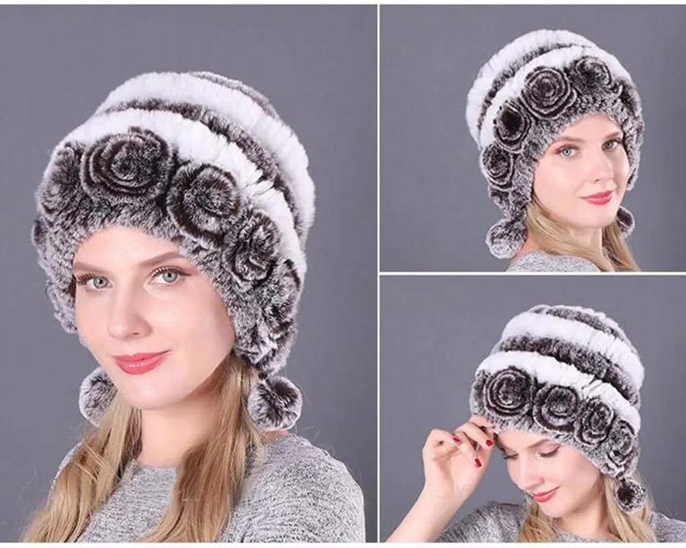 Eforcase Women Beanie Hats Winter Fluffy Knit Beanie Hats Winter Warm Ear Cover Faux Fur Knit Crochet Skull Cap with Pompom