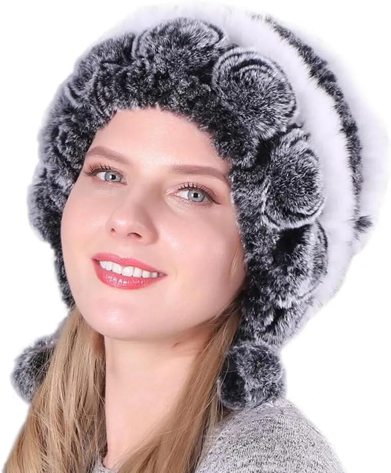 Eforcase Women Beanie Hats Winter Fluffy Knit Beanie Hats Winter Warm Ear Cover Faux Fur Knit Crochet Skull Cap with Pompom