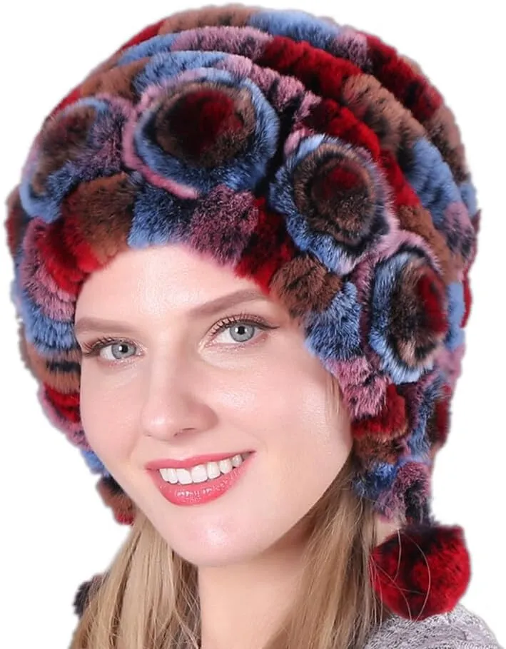 Eforcase Women Beanie Hats Winter Fluffy Knit Beanie Hats Winter Warm Ear Cover Faux Fur Knit Crochet Skull Cap with Pompom