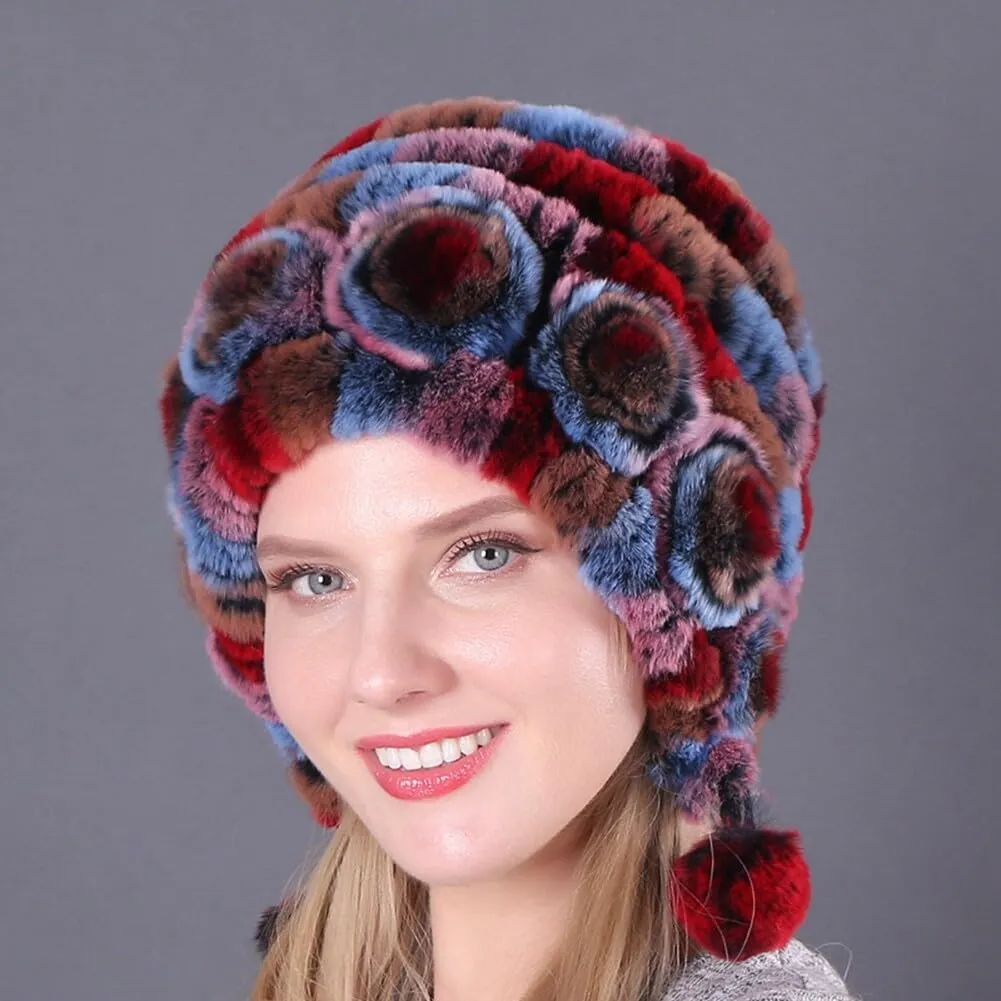 Eforcase Women Beanie Hats Winter Fluffy Knit Beanie Hats Winter Warm Ear Cover Faux Fur Knit Crochet Skull Cap with Pompom