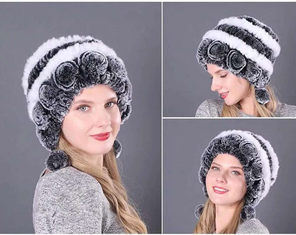 Eforcase Women Beanie Hats Winter Fluffy Knit Beanie Hats Winter Warm Ear Cover Faux Fur Knit Crochet Skull Cap with Pompom