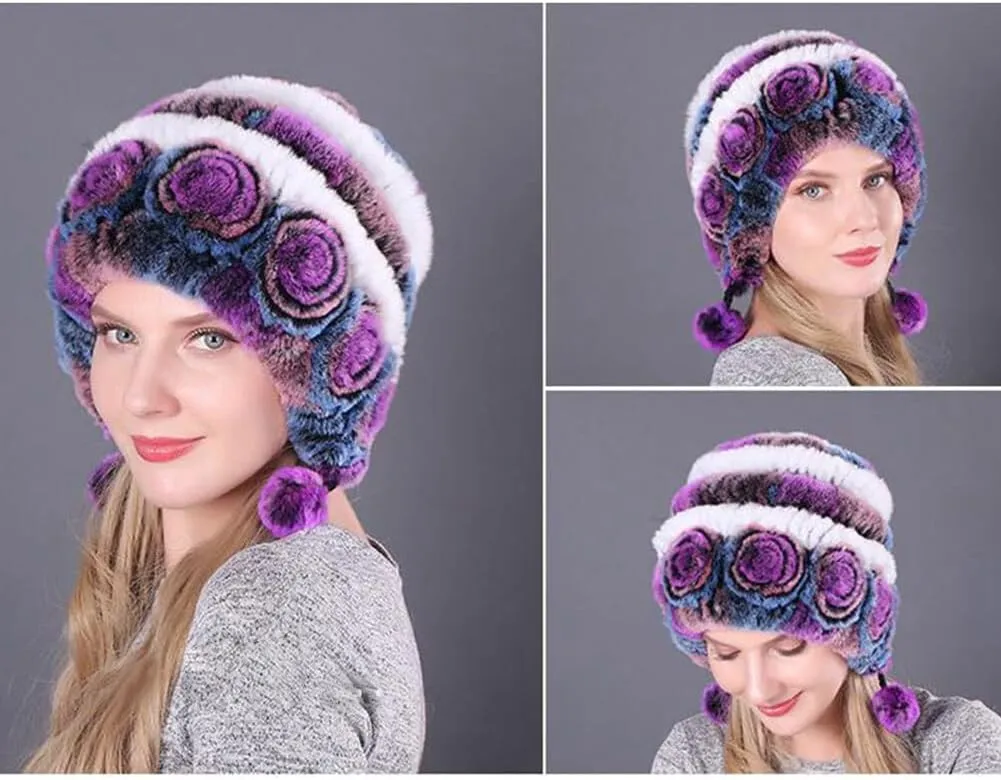 Eforcase Women Beanie Hats Winter Fluffy Knit Beanie Hats Winter Warm Ear Cover Faux Fur Knit Crochet Skull Cap with Pompom