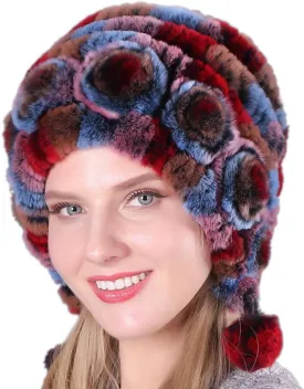 Eforcase Women Beanie Hats Winter Fluffy Knit Beanie Hats Winter Warm Ear Cover Faux Fur Knit Crochet Skull Cap with Pompom