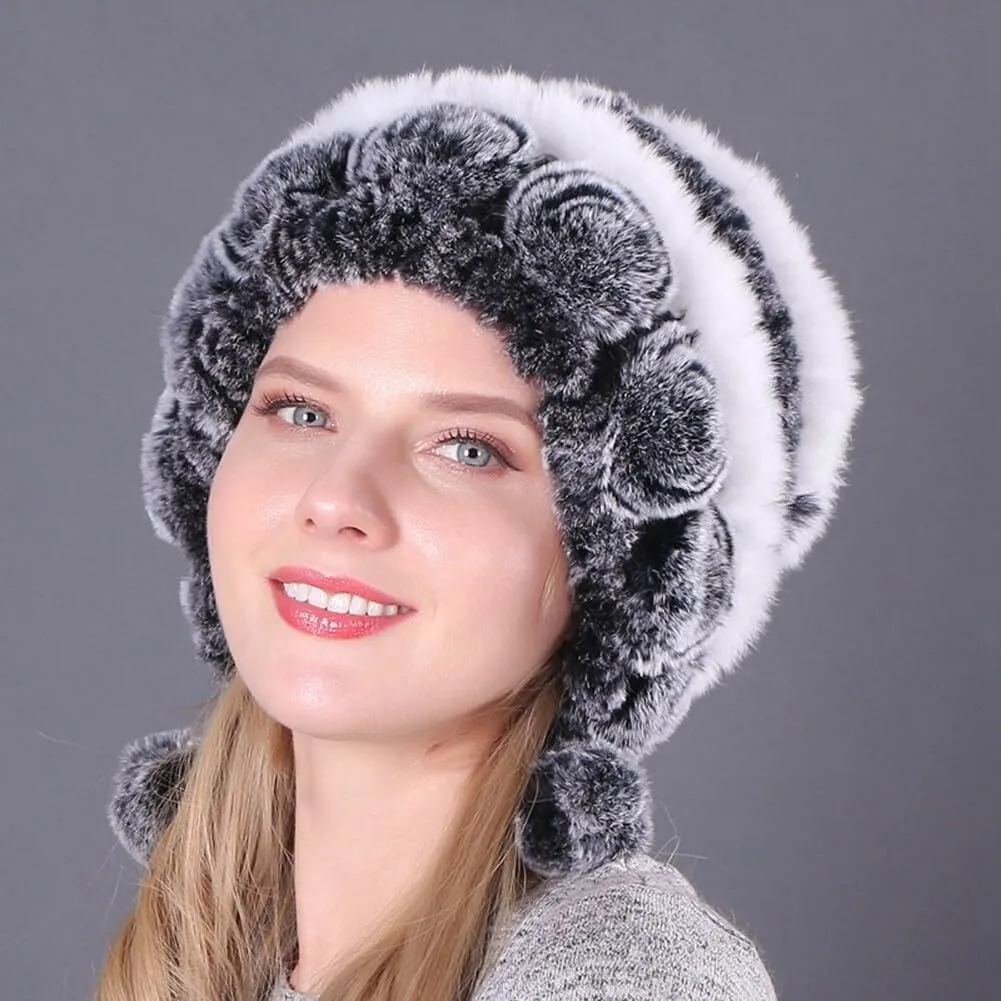 Eforcase Women Beanie Hats Winter Fluffy Knit Beanie Hats Winter Warm Ear Cover Faux Fur Knit Crochet Skull Cap with Pompom