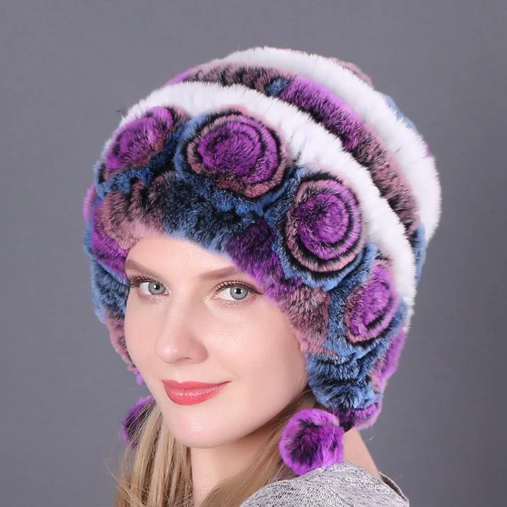 Eforcase Women Beanie Hats Winter Fluffy Knit Beanie Hats Winter Warm Ear Cover Faux Fur Knit Crochet Skull Cap with Pompom