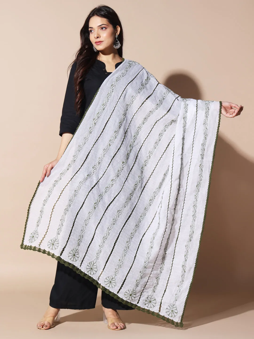 Elegant Handcrafted Kota Doriya Dupatta with Lucknowi Chikankari Embroidery