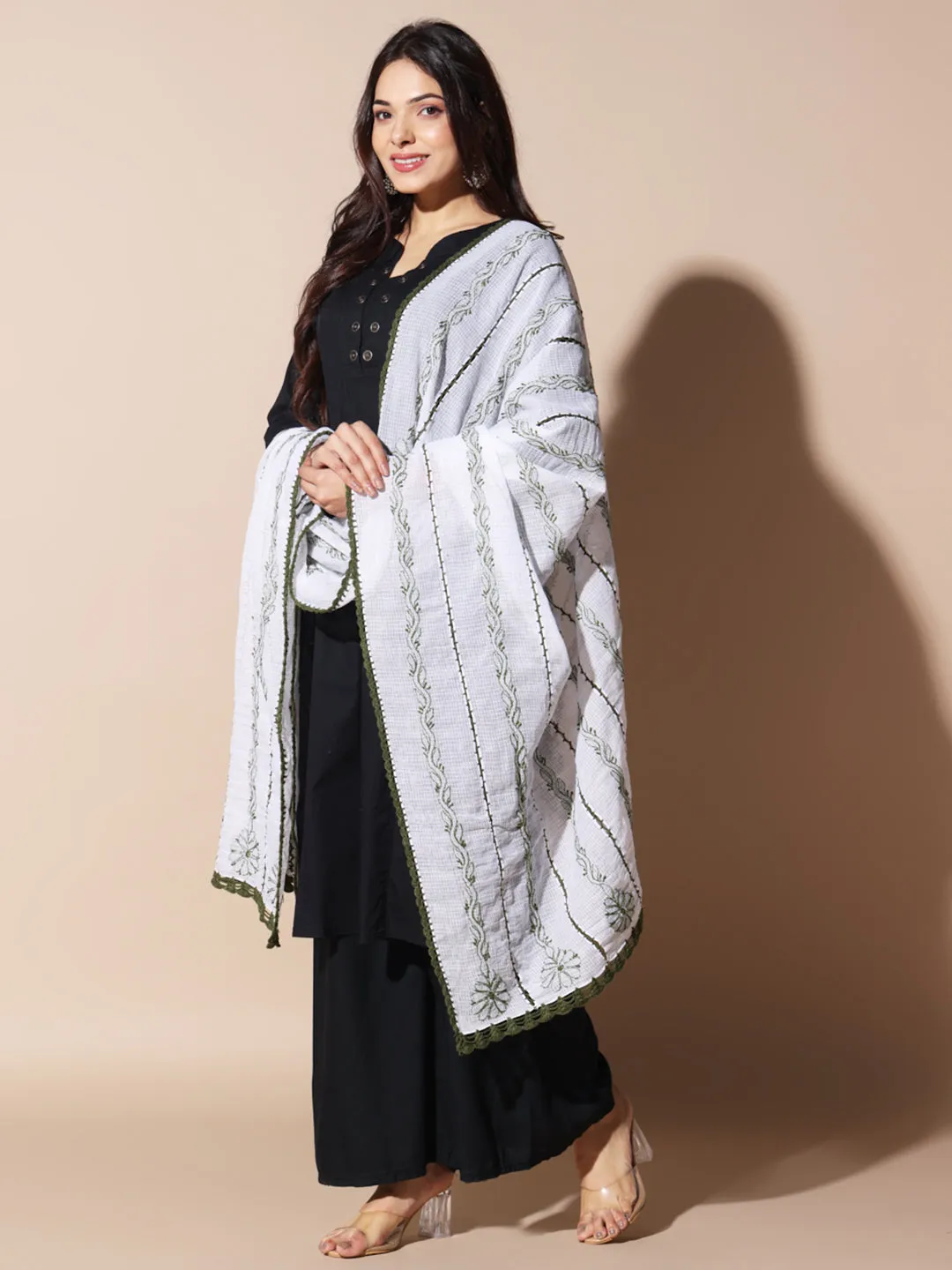 Elegant Handcrafted Kota Doriya Dupatta with Lucknowi Chikankari Embroidery