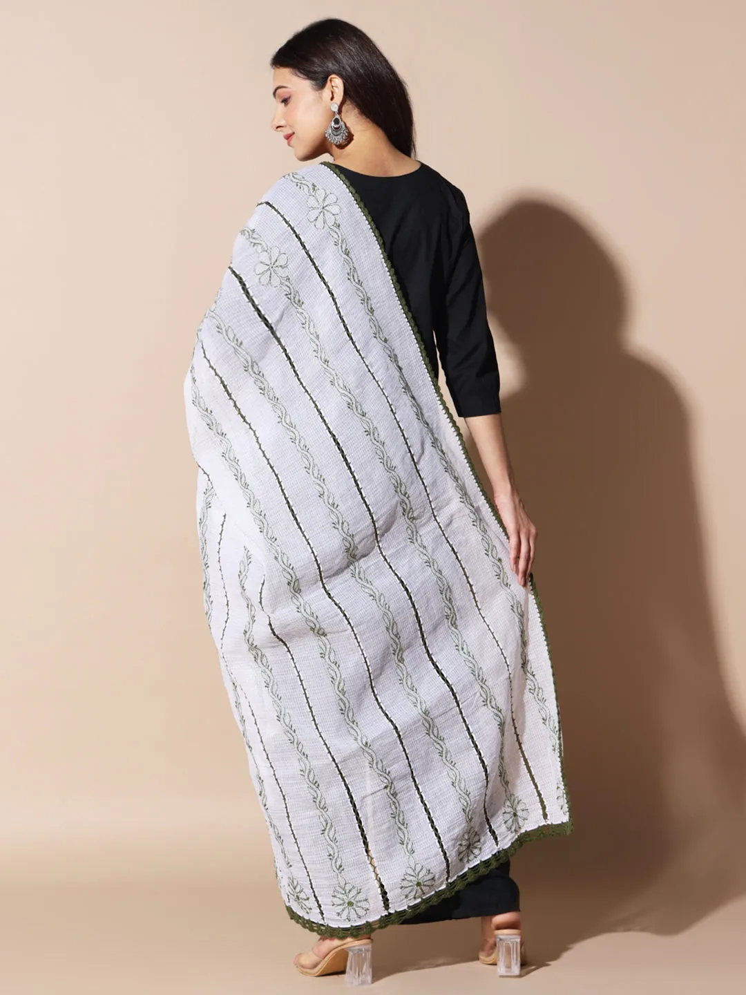 Elegant Handcrafted Kota Doriya Dupatta with Lucknowi Chikankari Embroidery