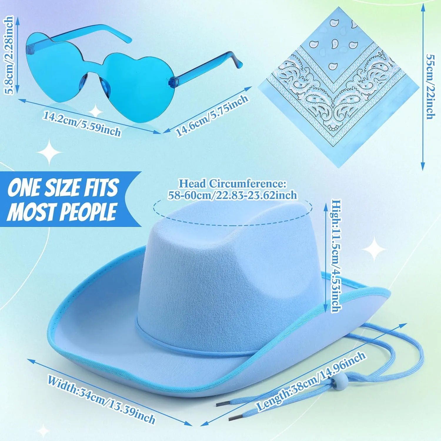 Geyoga 9 Pcs Cowboy Hat with Paisley Print Bandanas and Heart Shape Sunglasses for Adults Cowboy Party Costume
