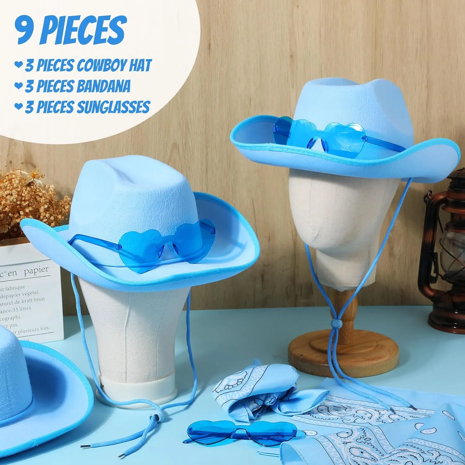 Geyoga 9 Pcs Cowboy Hat with Paisley Print Bandanas and Heart Shape Sunglasses for Adults Cowboy Party Costume