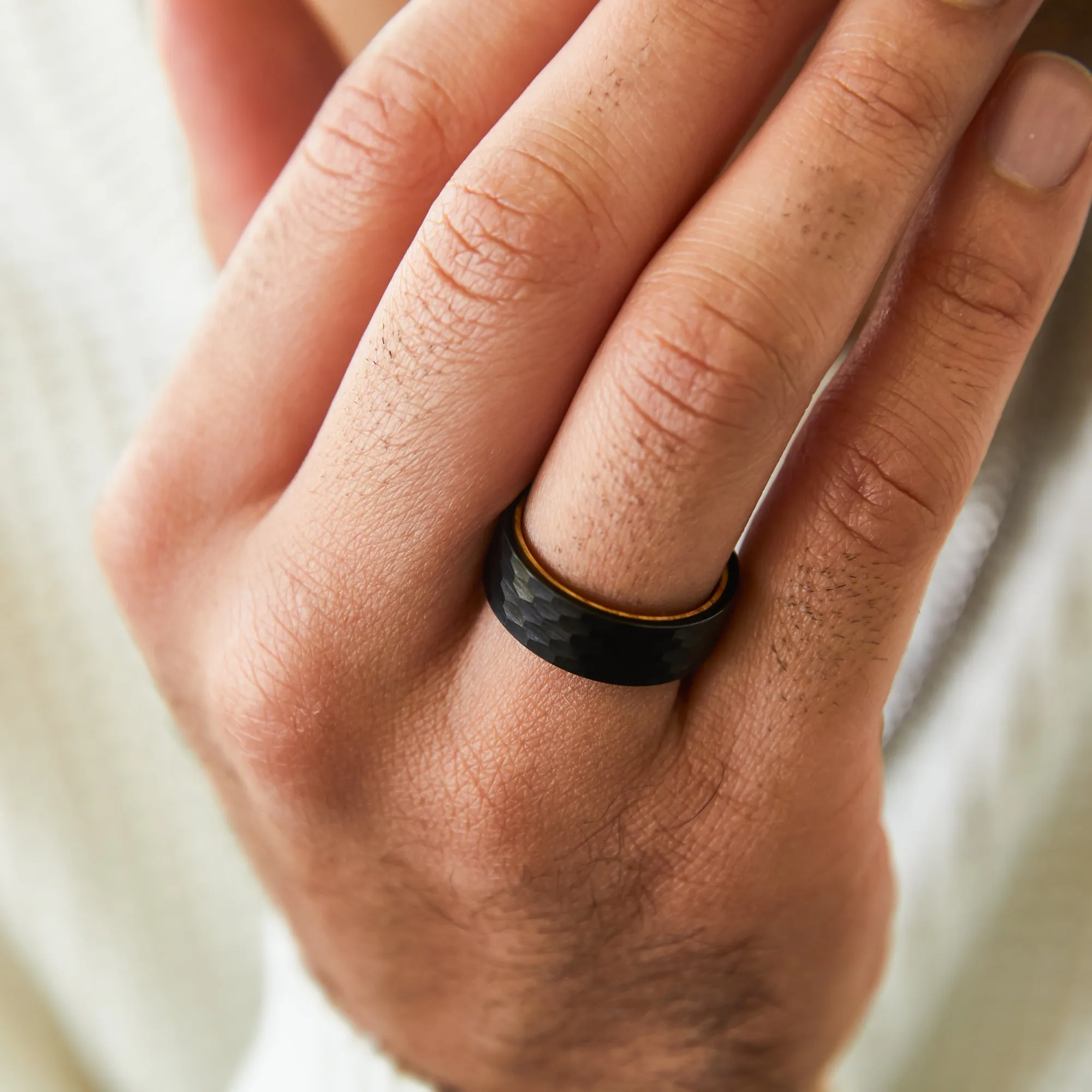 Hammered Black and Wood Men's Wedding Ring